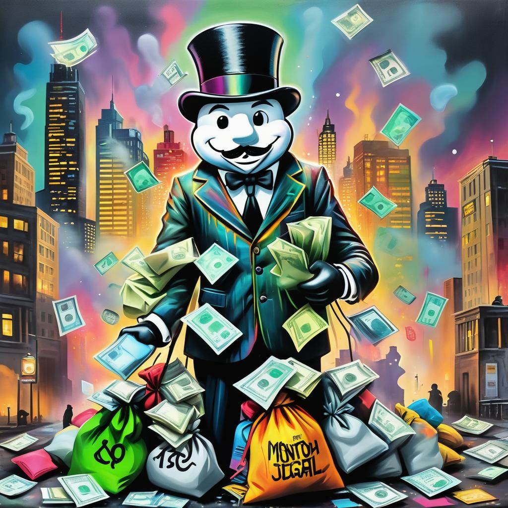 Monopoly Man Hugging Money Bags in Street Art