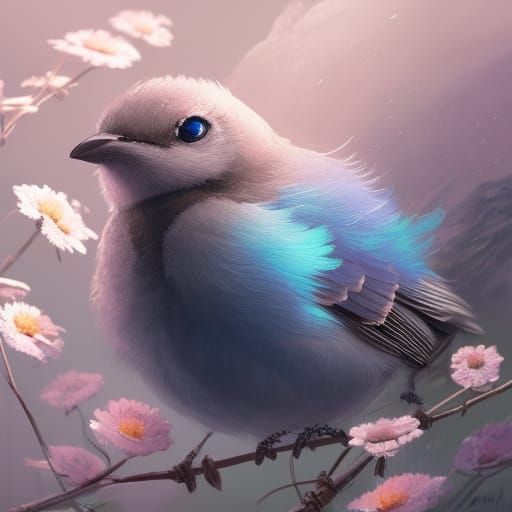Cute Baby Bluebird Portrait in Anime Style