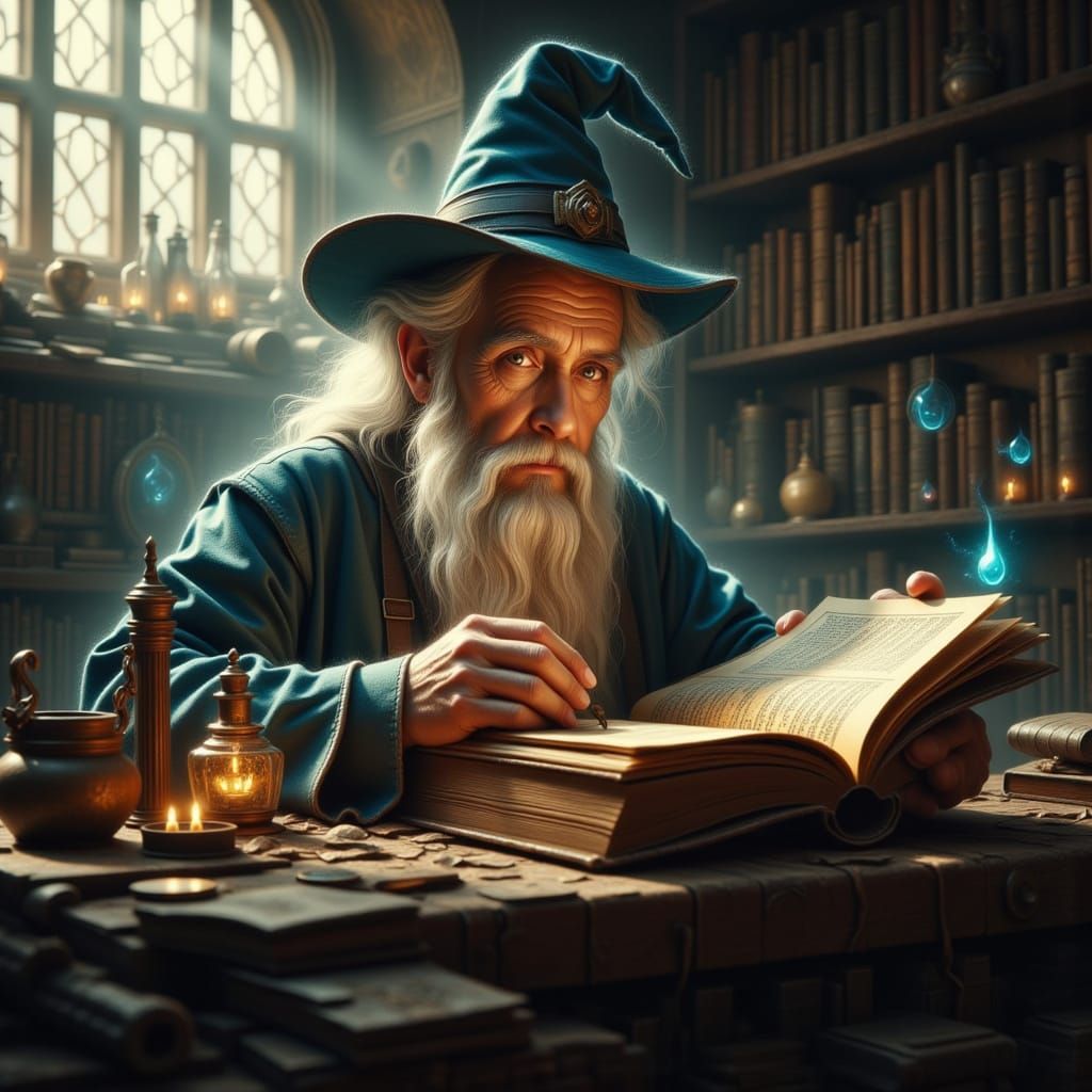 Wizard Studies Ancient Tome in Dusty Library