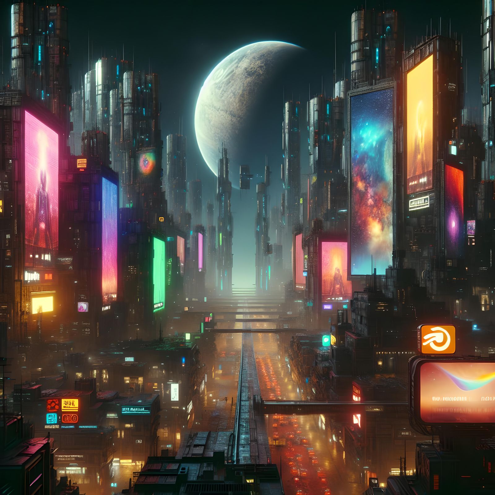 Dystopian Cityscape with Billboards and Distant Planet