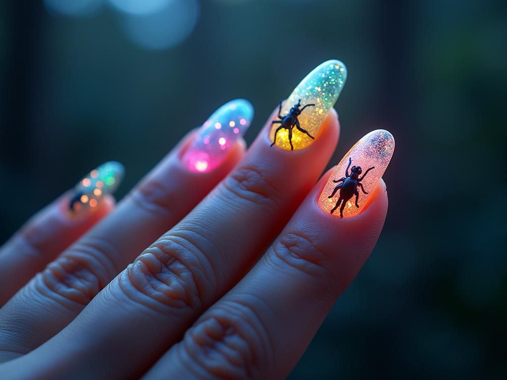 Hand with Glowing Ecosystems on Fingernails