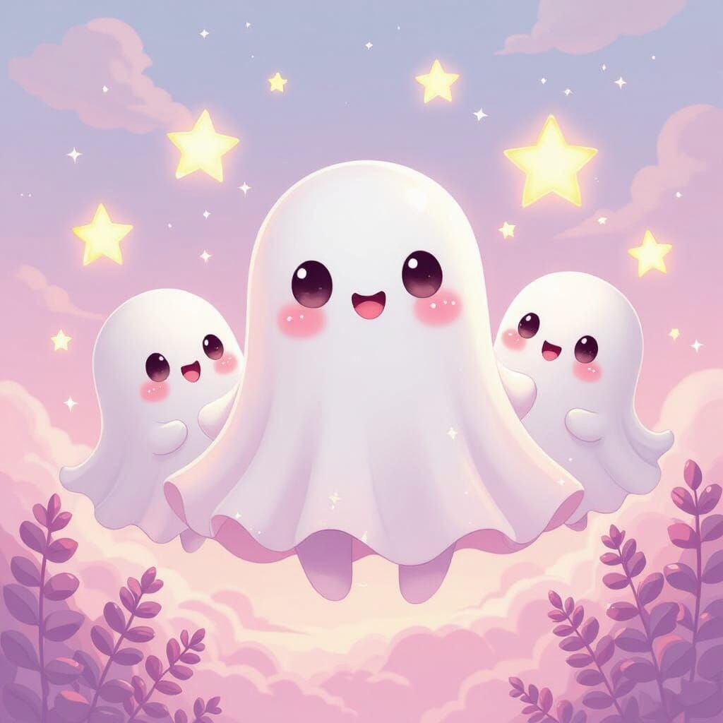 Kawaii Ghosts Holding Stars in Pastel Colors