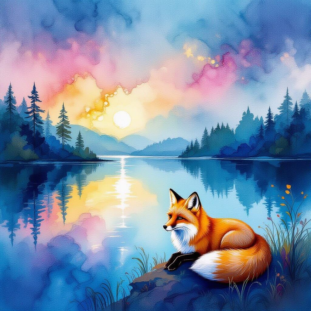 Vibrant Alcohol Ink Lake Scene with Glowing Fox