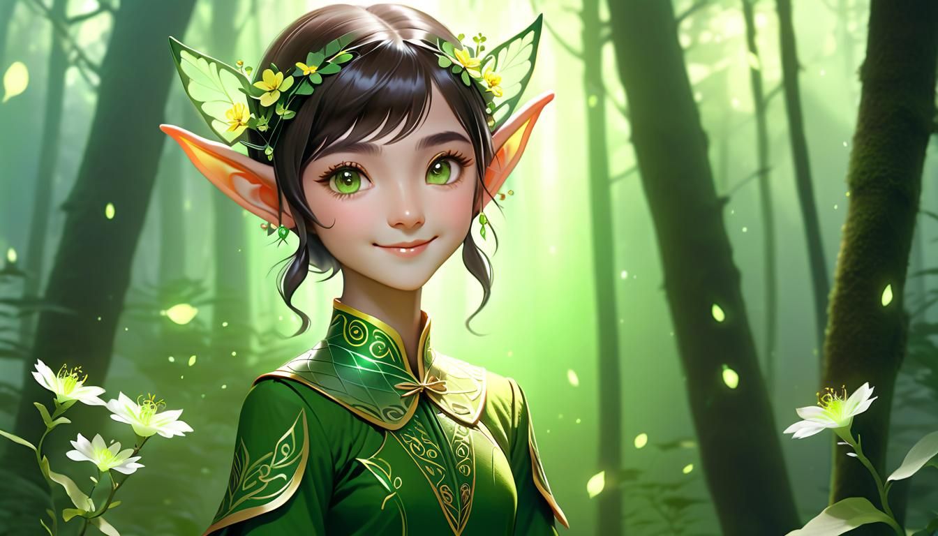 Asian Pixie-Elf in Ethereal Forest: Digital Art