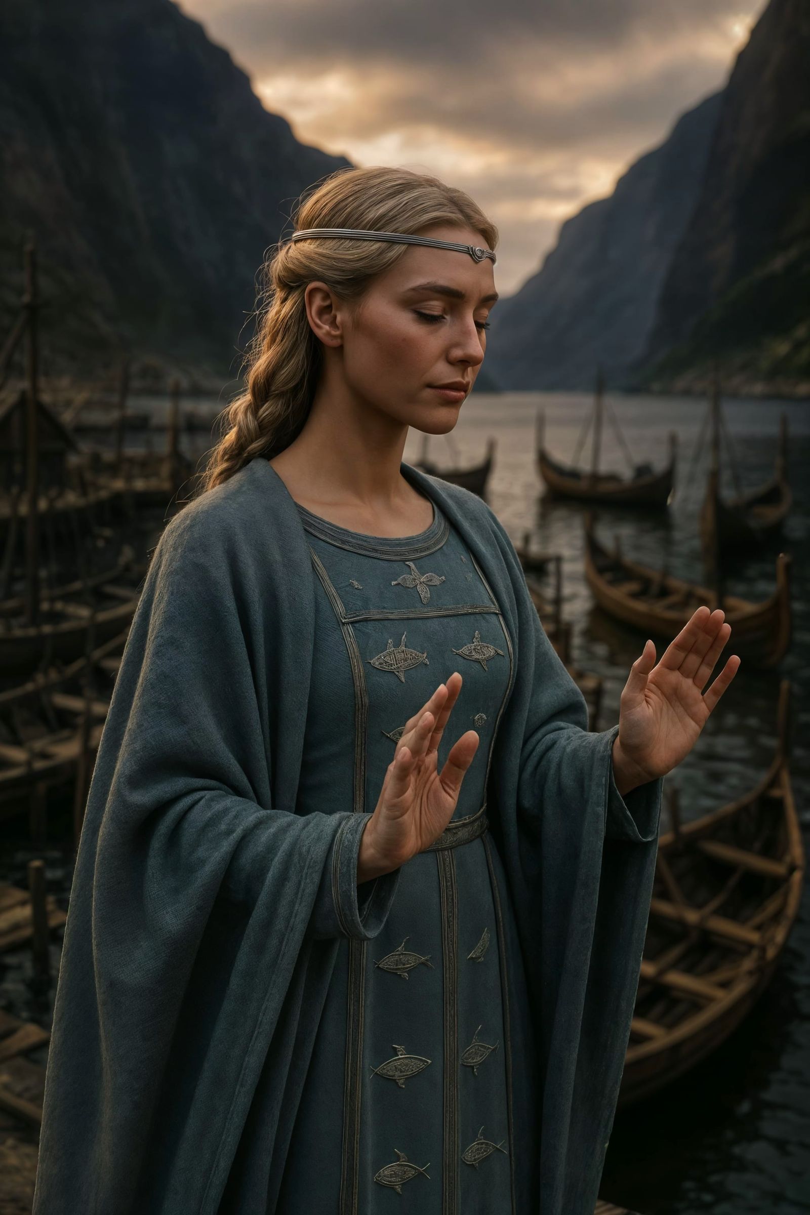 Germanic Woman Blesses Fishing Fleet in Nordic Fjord