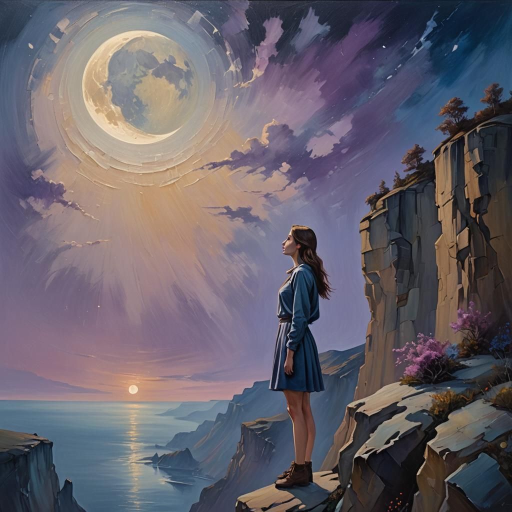 Girl Staring at Moon in Surreal Oil Painting