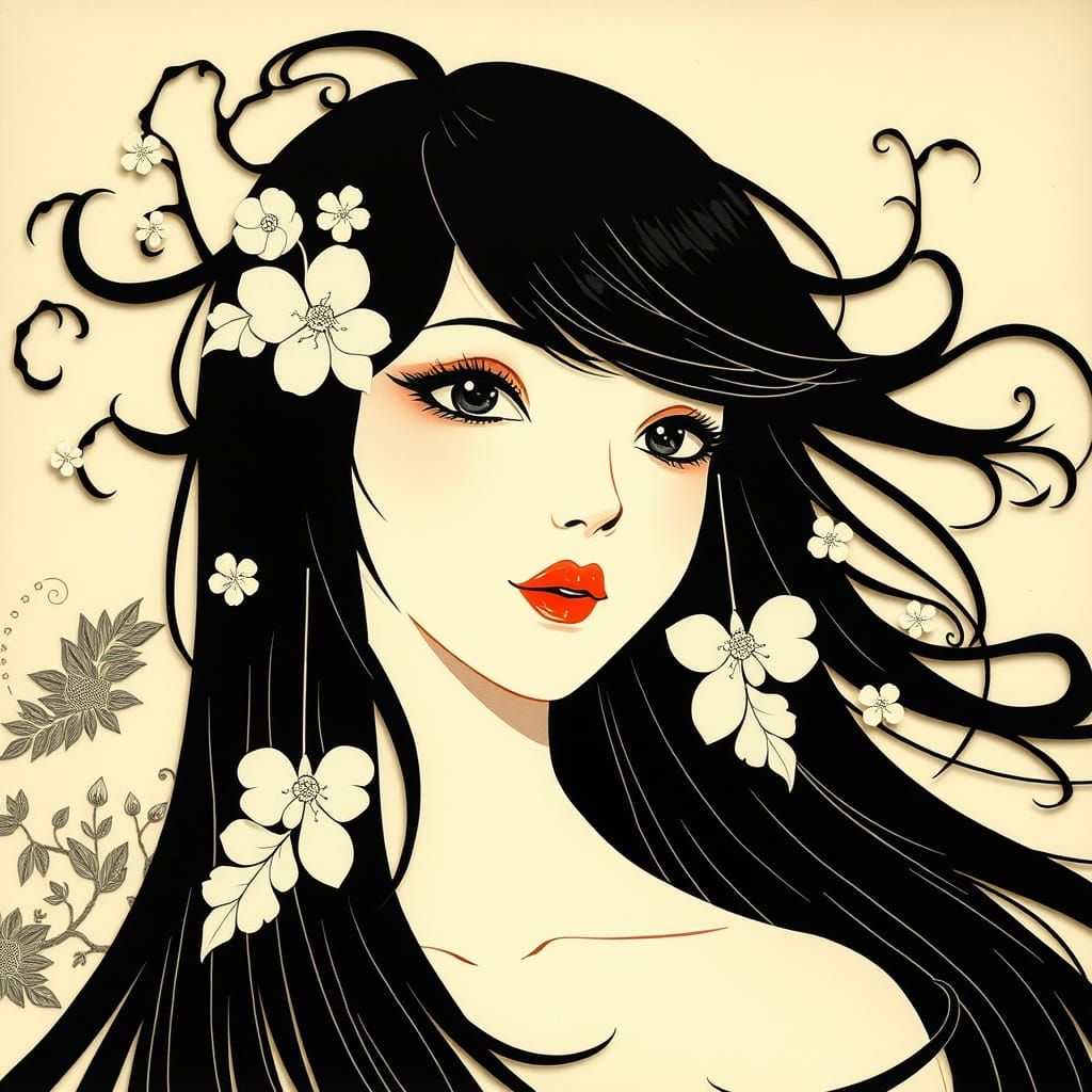 Woman with Flowing Hair in Japanese Art Style
