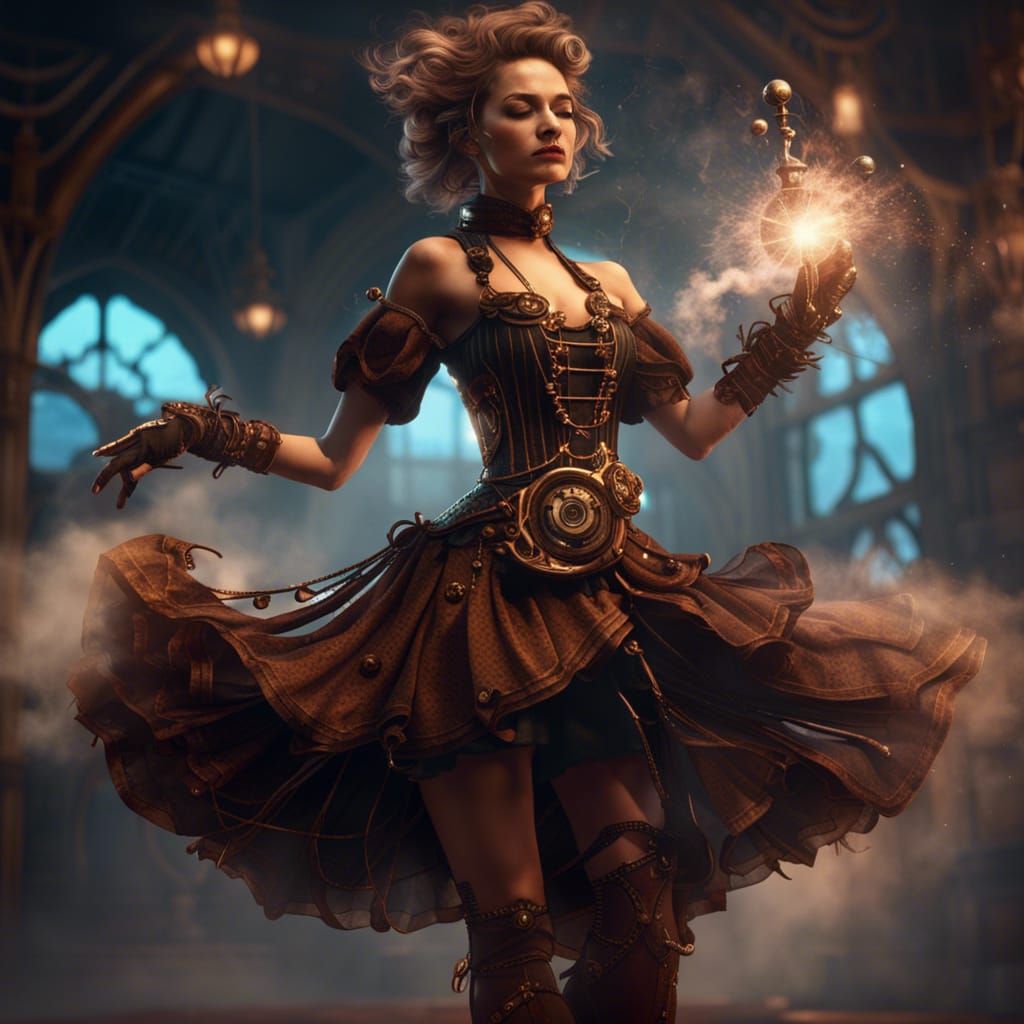 Elegant Steampunk Girl Dancing in Steam: Detailed Digital Ar...