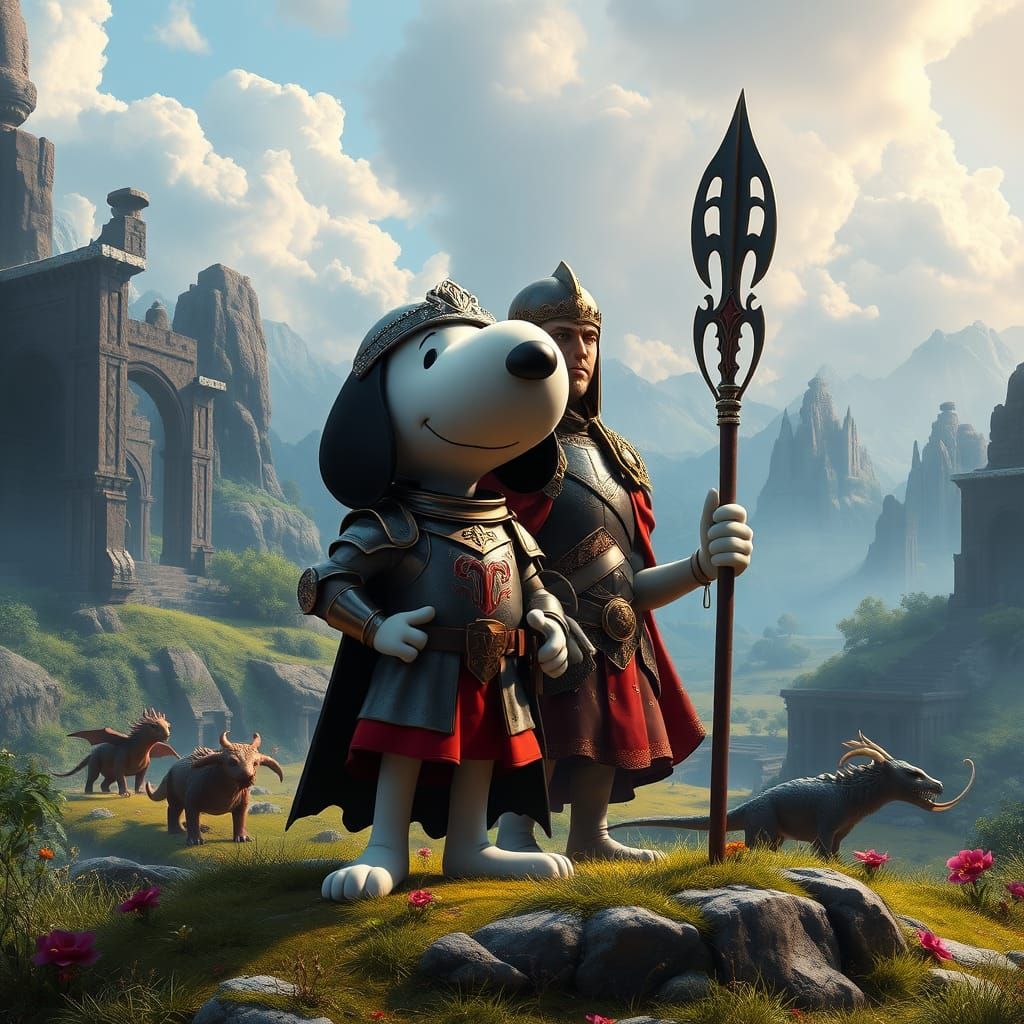 Snoopy and Charlemagne in Fantasy Landscape