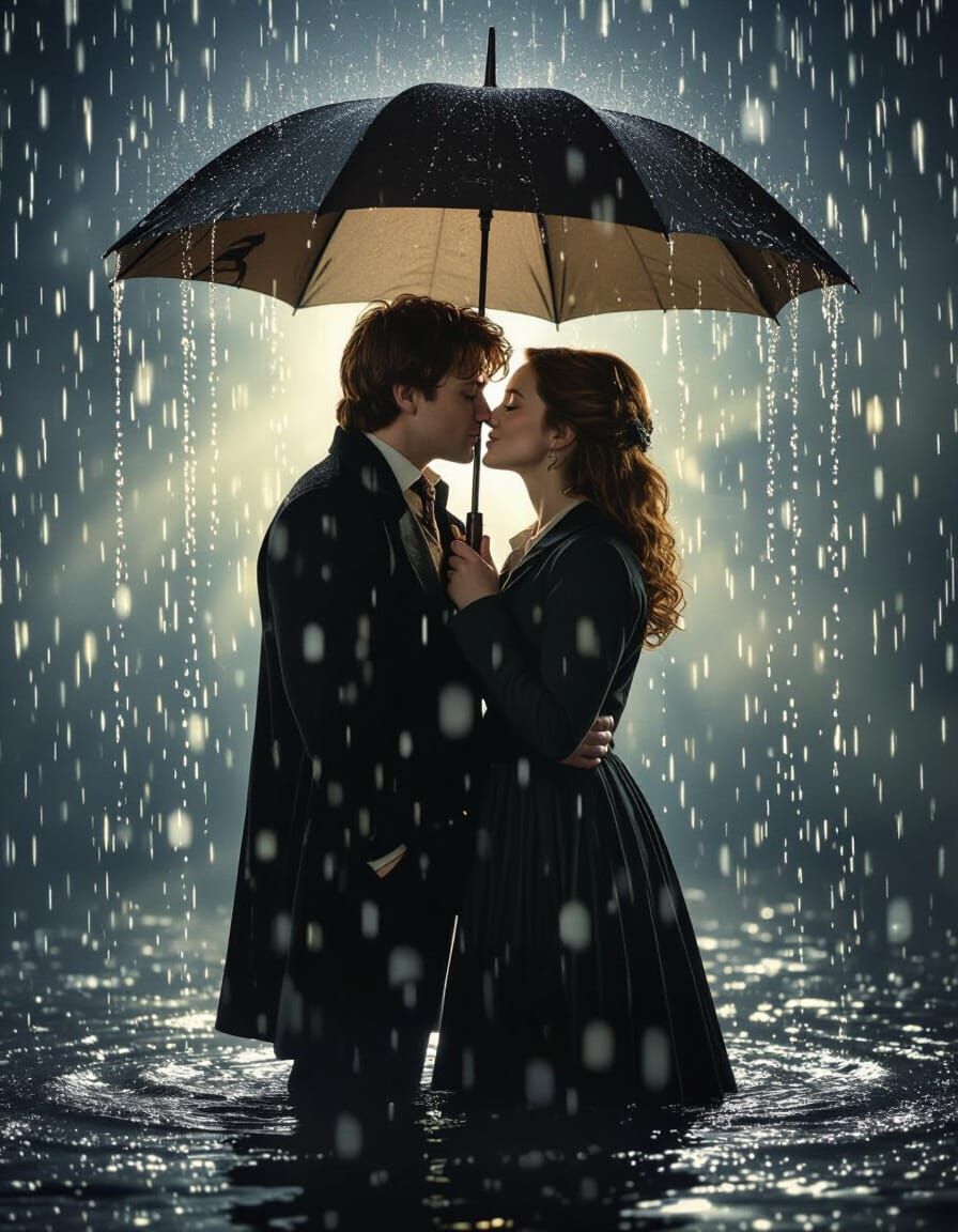 Romantic Kiss in Electric Rain, Surreal Film Still