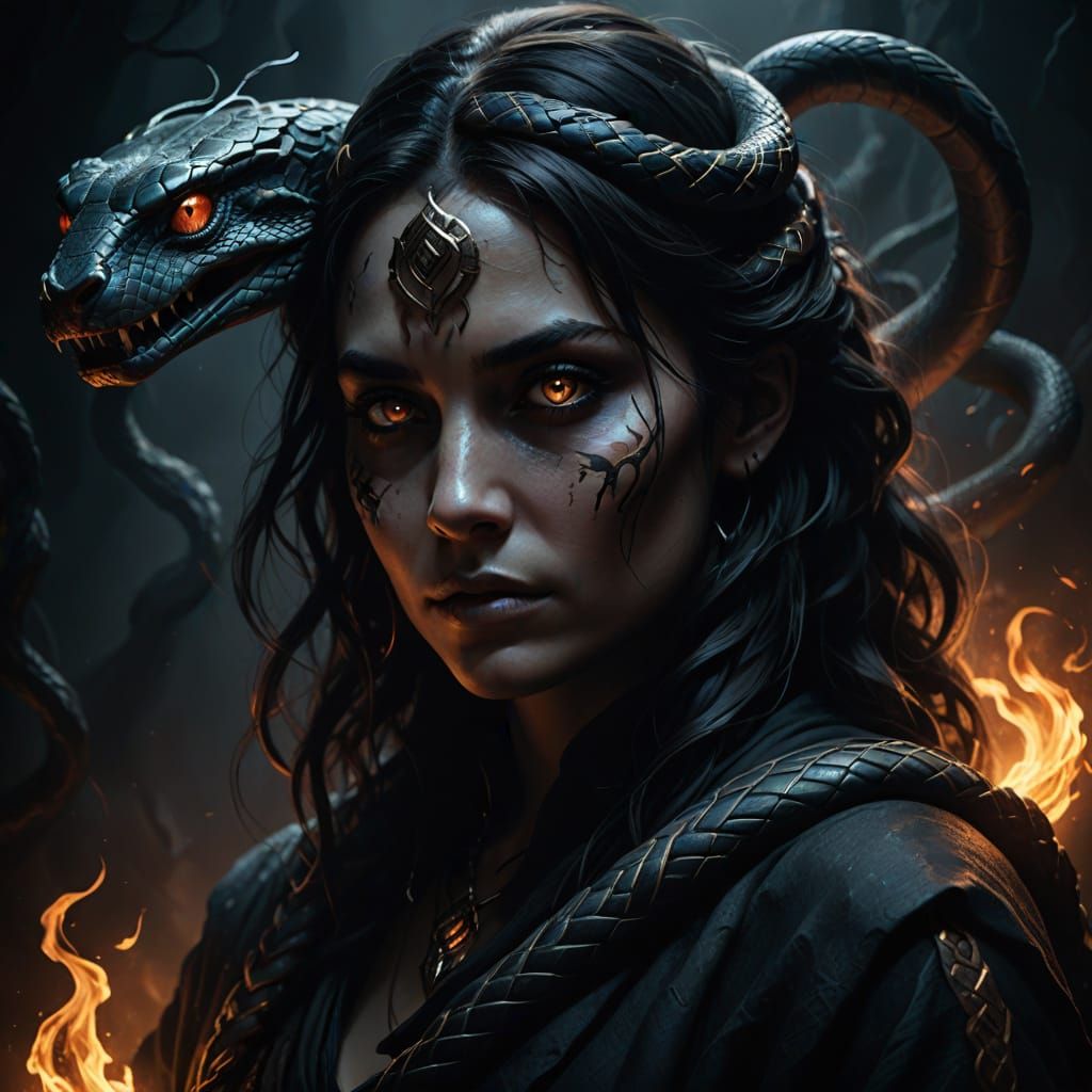 Mysterious Woman with Snake in Dark Fantasy Art