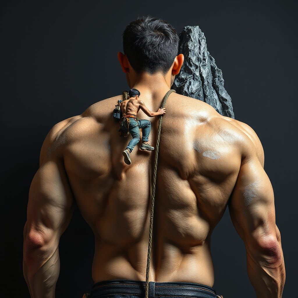 Miniature Climber Ascends Cyberpunk Mountain: Digital Art