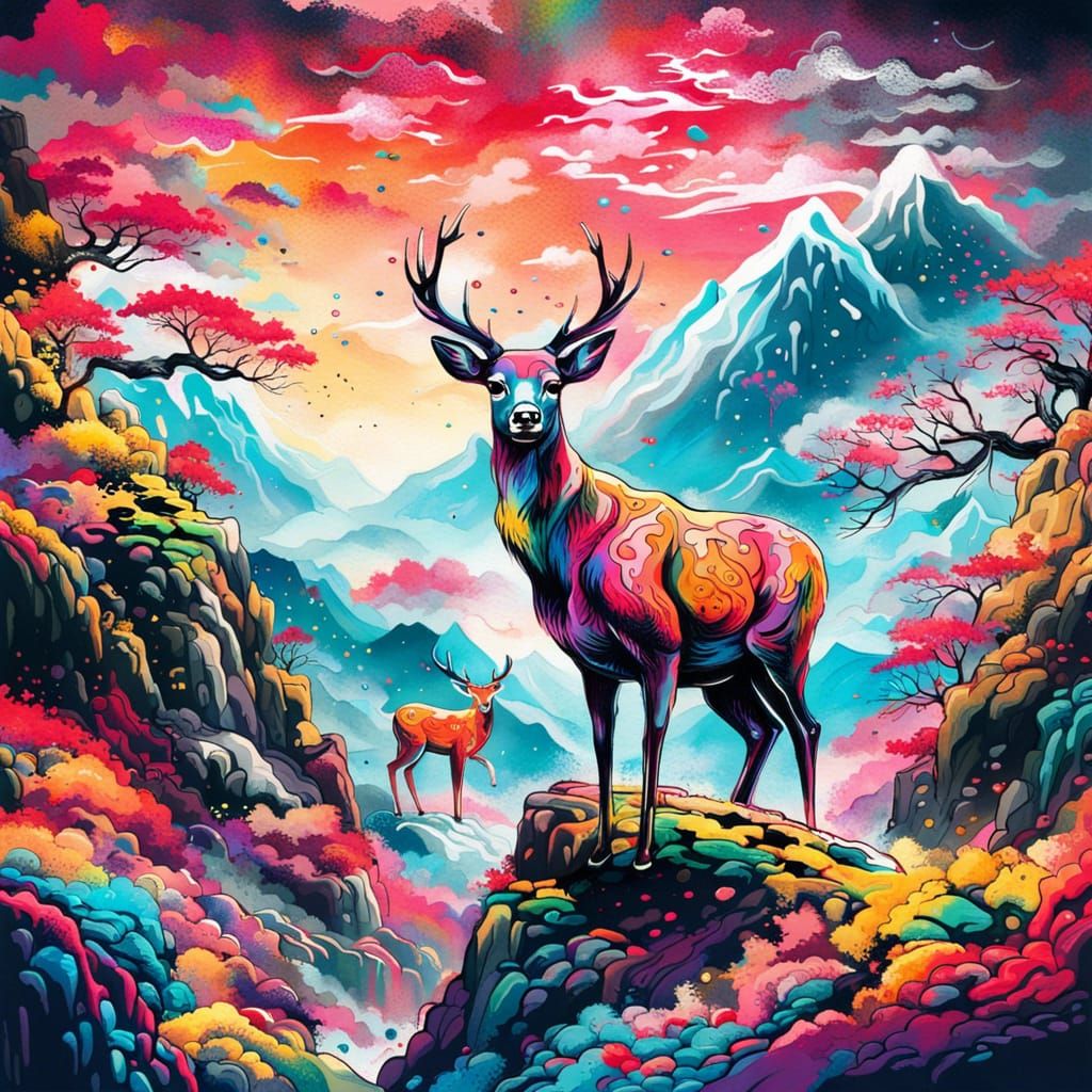Deer on Mountains in Japanese Art Style