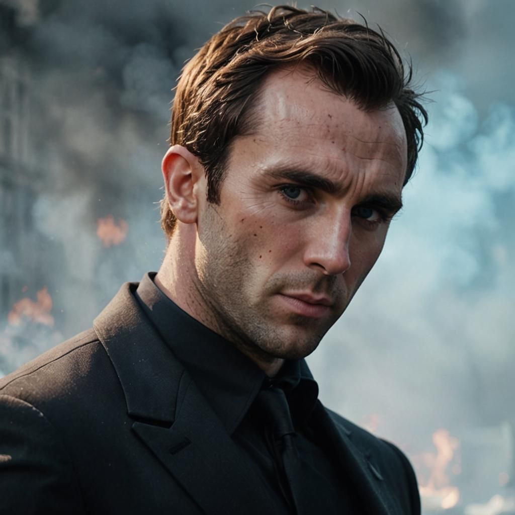 Matthew Lewis as James Bond burning city scape background Ph...