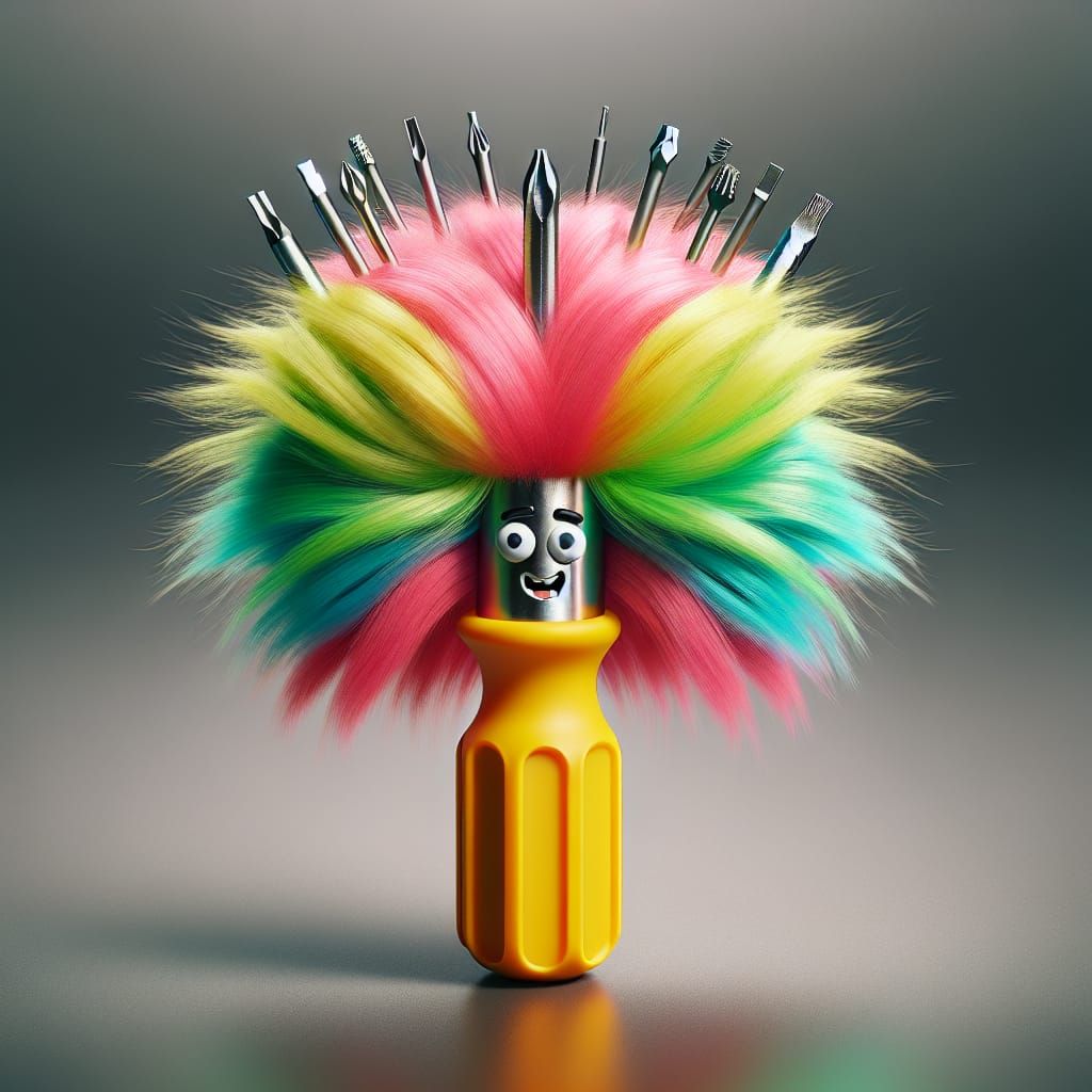 Whimsical Cartoon Screwdriver in Flamboyant Wig