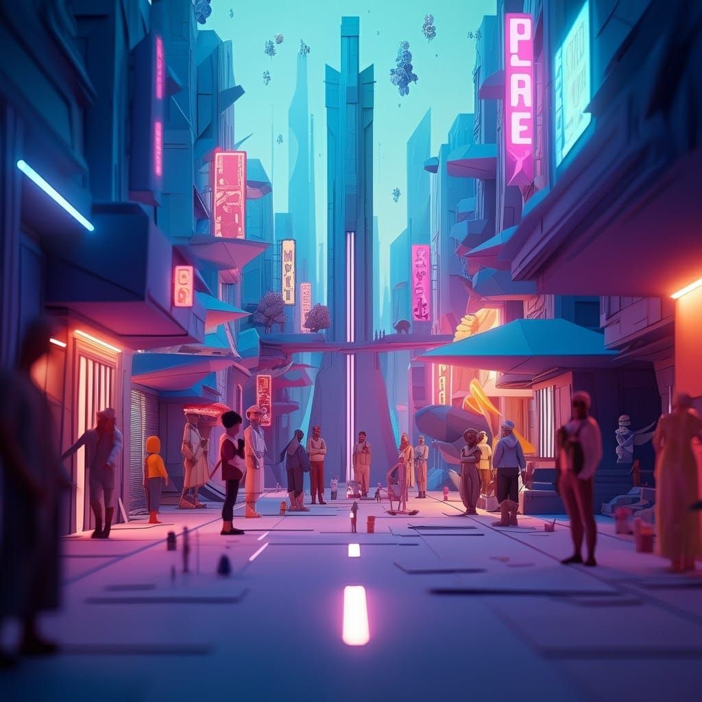 Futuristic Metropolis with Origami Architecture in Digital A...