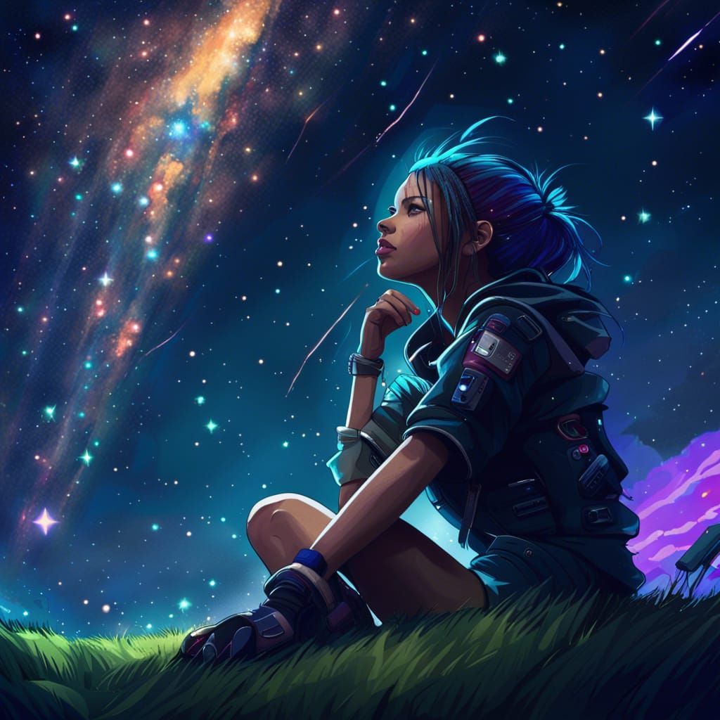 Cyberpunk Streamer Girl Stargazing at Galaxy