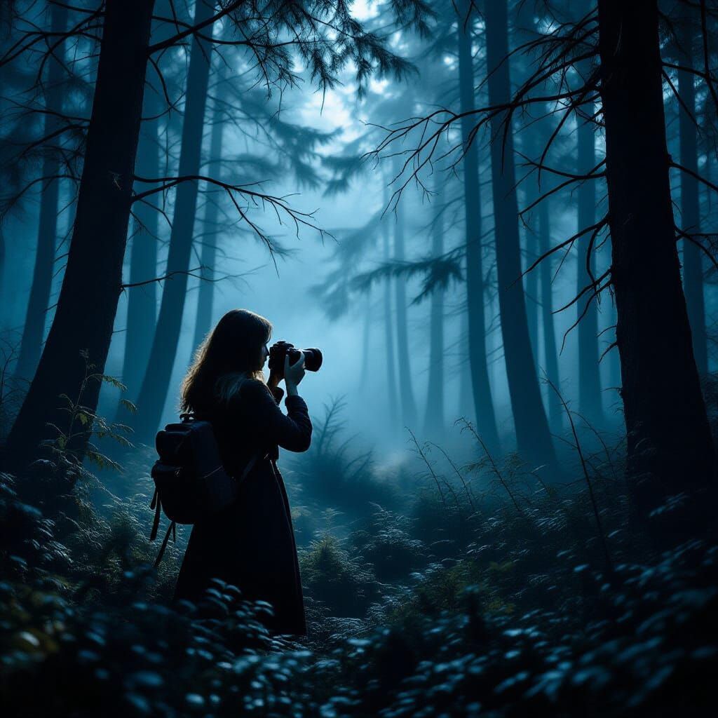 Eerie Forest Scene with Photographer in Gothic Style