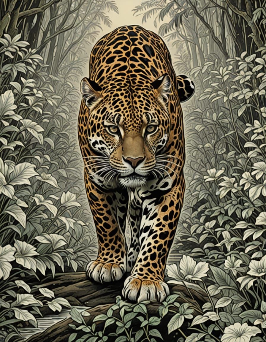 Surreal Bestiary Etching of a Majestic Jaguar in Comic Book ...