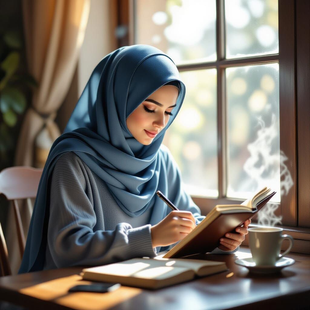Woman Sketching by Window in Warm Sunlight