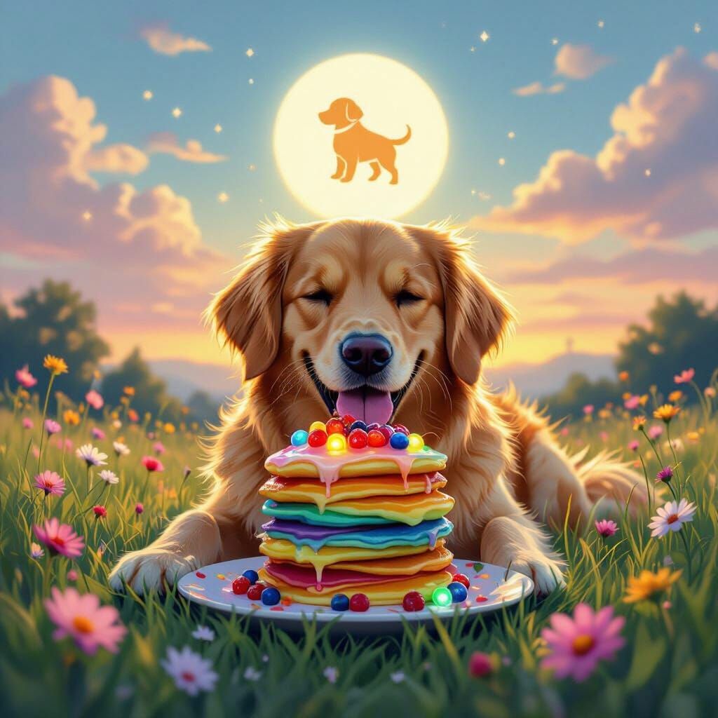 Golden Retriever Eats Rainbow Pancakes at Dawn