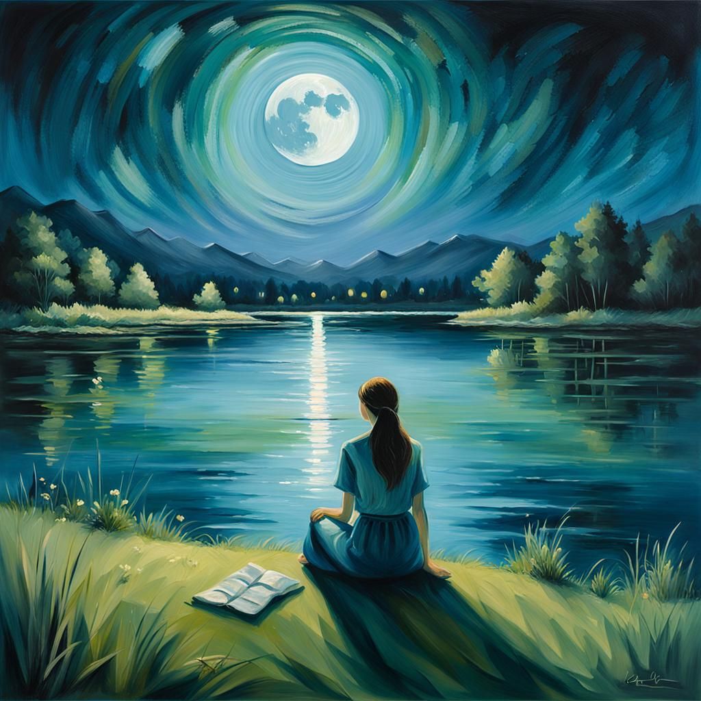 Moonlit Reflection: Serene Impressionist Lake Painting