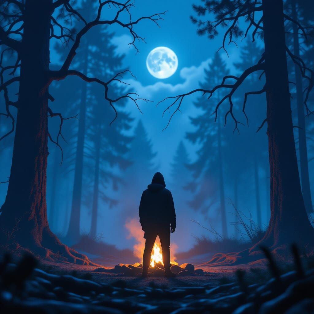 Eerie Campfire Silhouette in Misty Forest: Digital Art