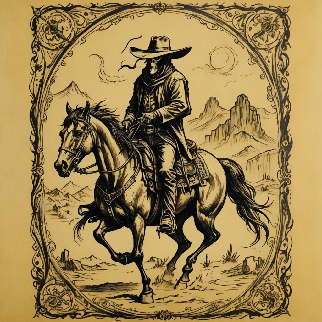 Cowboy Grim Reaper Black Ink Sketch