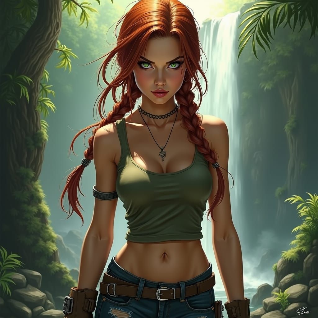 Adventurous Woman with Green Eyes in Jungle
