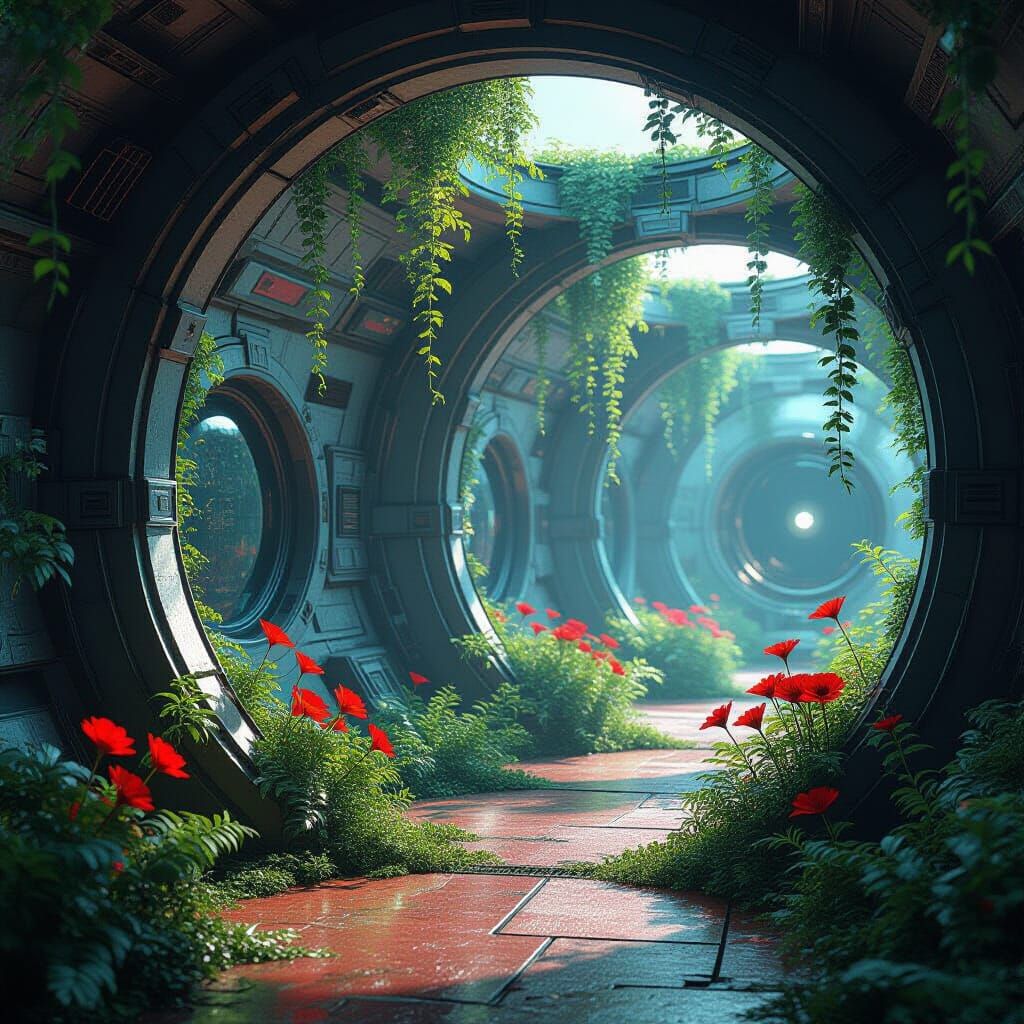 A lush garden sprouts within an abandoned spacecraft