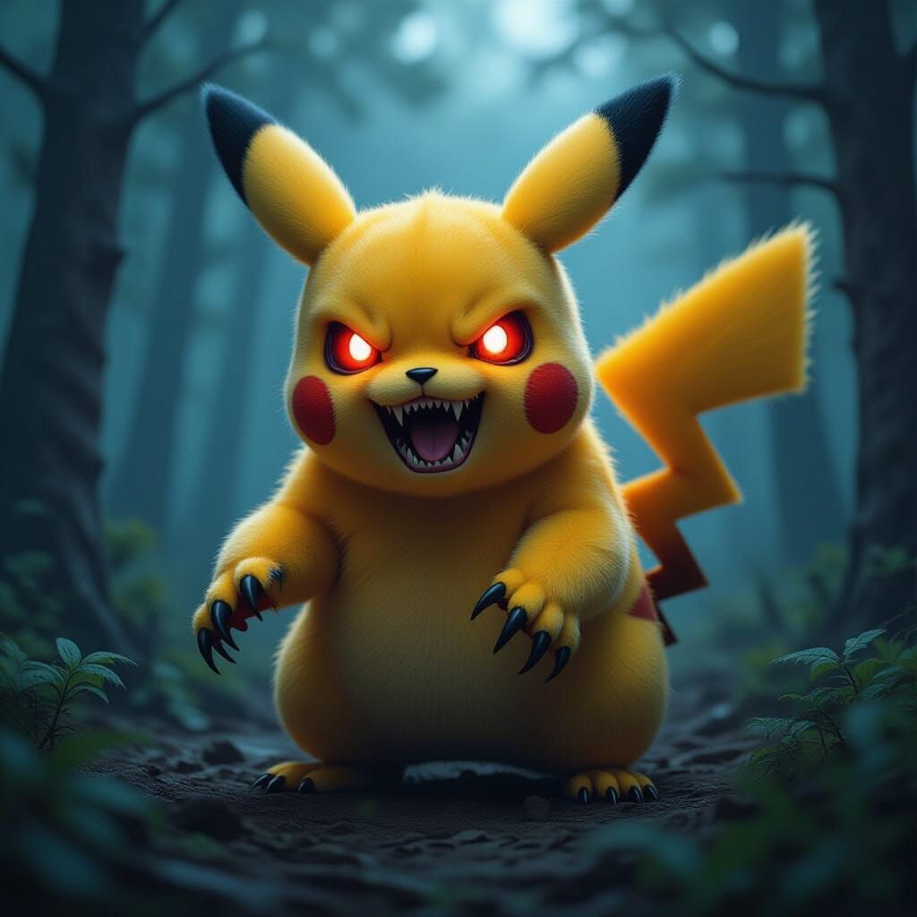 Terrifying Realistic Pikachu in Gothic Horror Forest