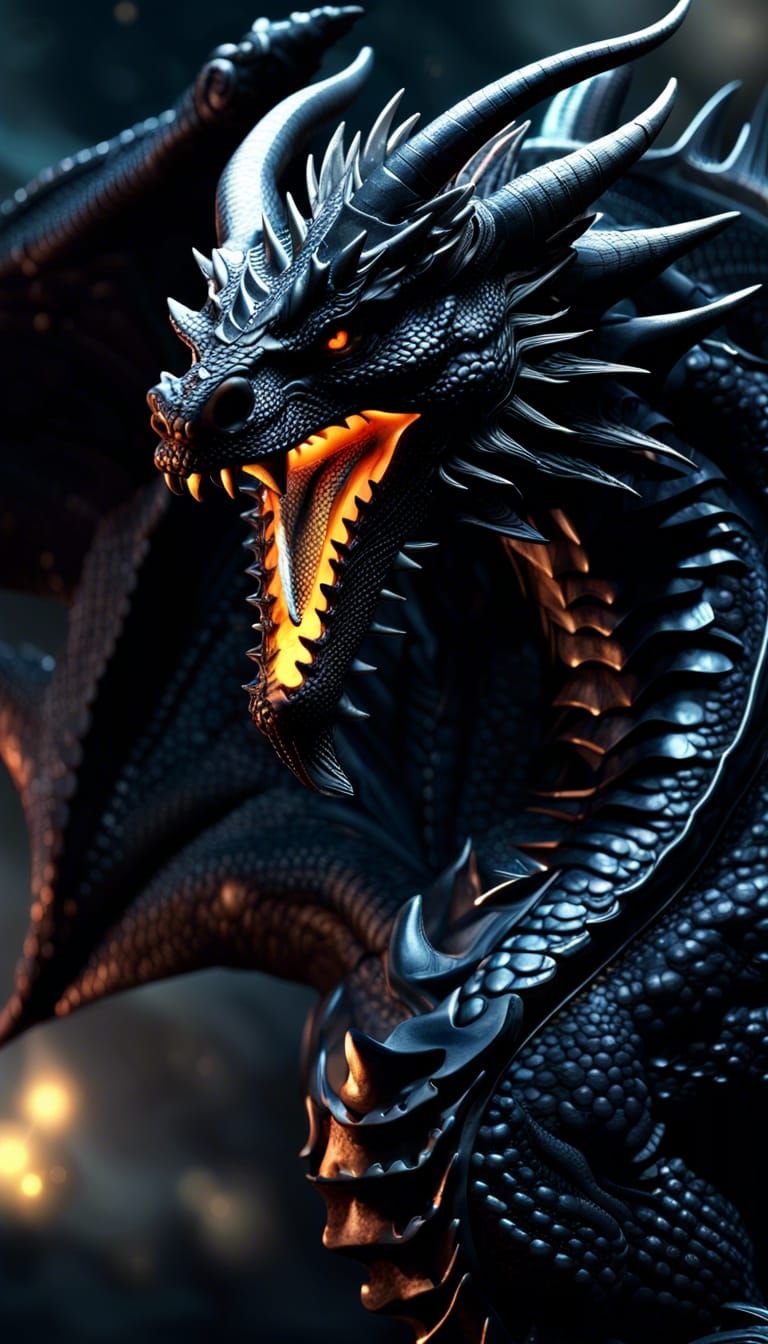 Epic Black Dragon in Mystical Sci-Fi Landscape