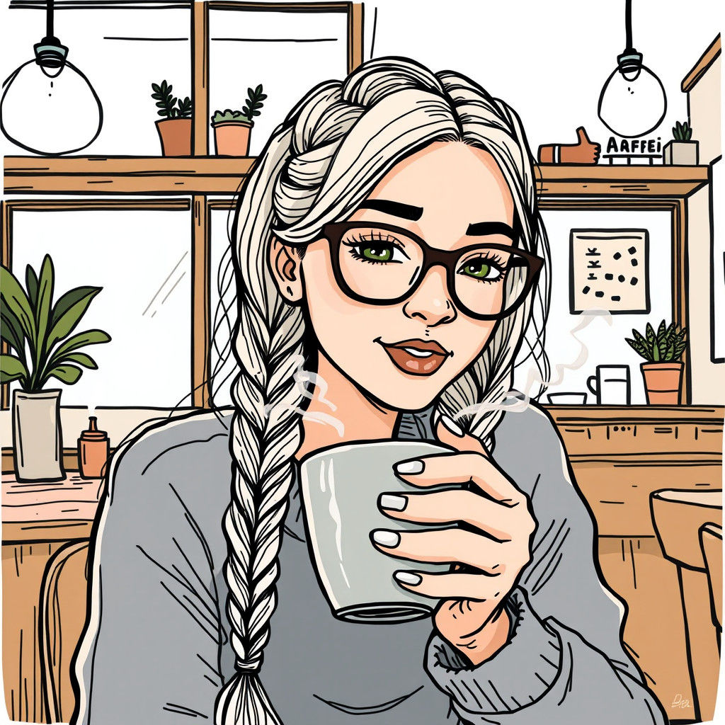 Cozy Coffee Shop Doodle of Woman with Coffee