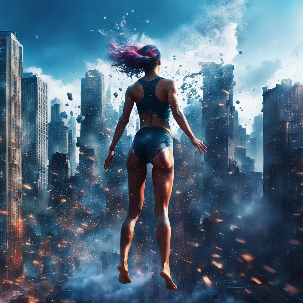 Woman Dissolving into Cityscape: Digital Double Exposure