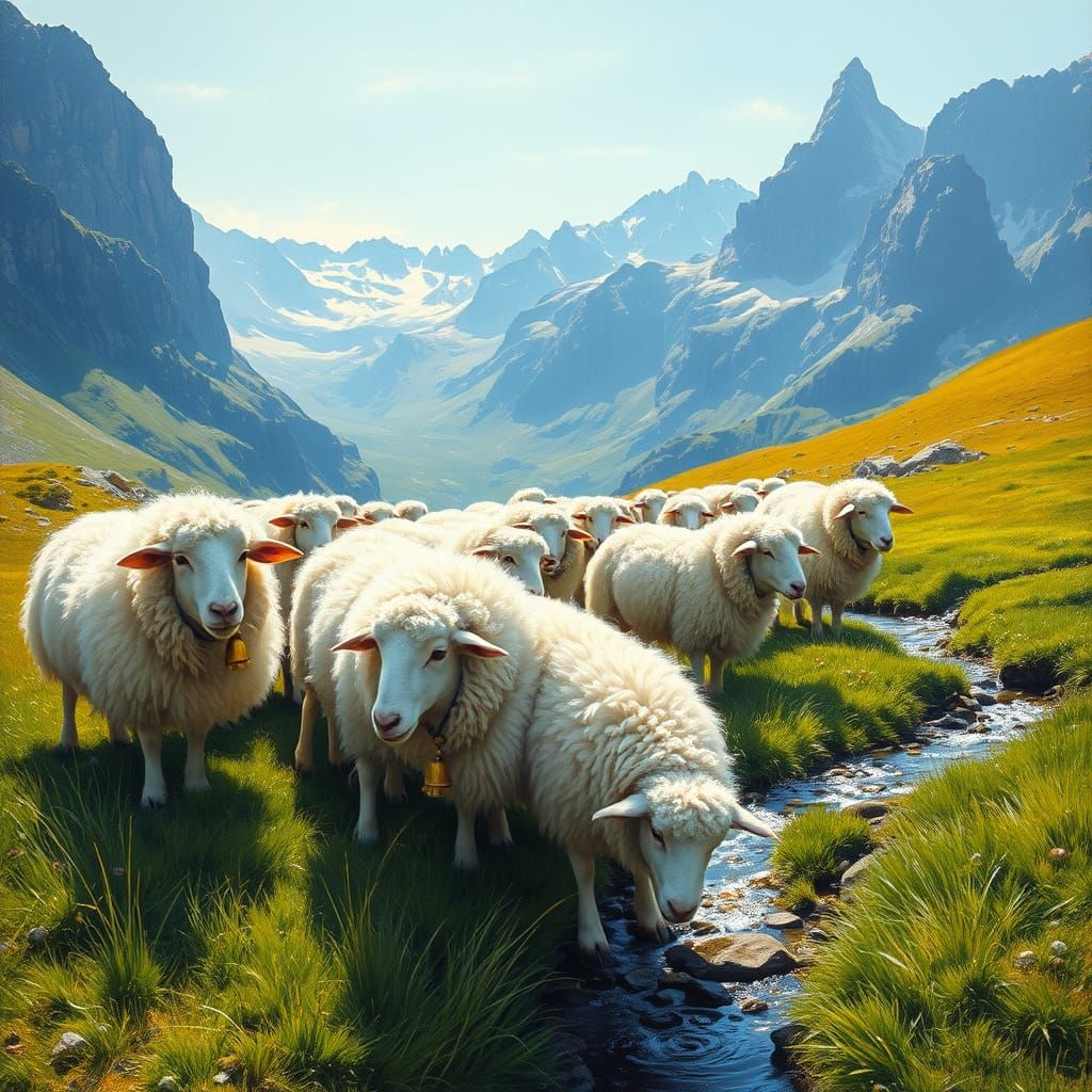 Fluffy Sheep in Sunlit Swiss Alps Meadow as Textured Oil Pai...