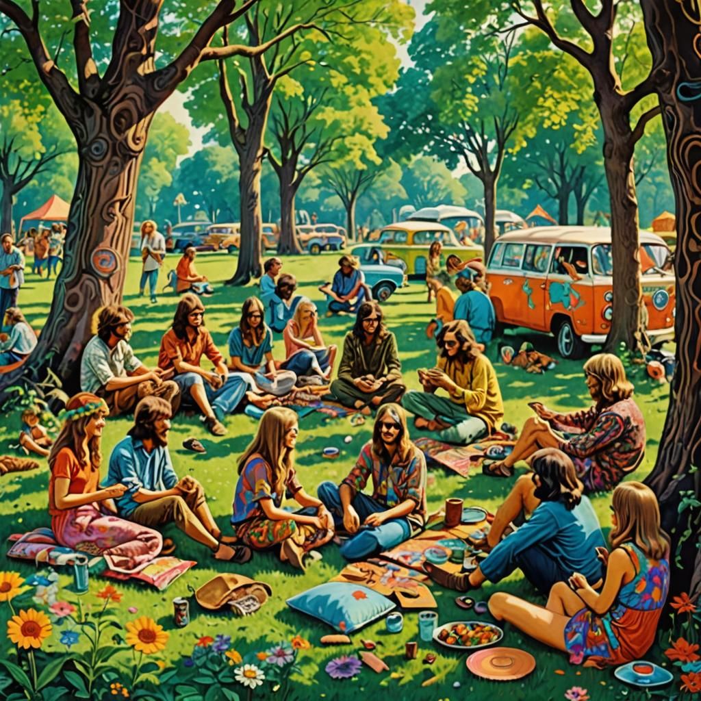 Hippies Relaxing in Park: Psychedelic 1960s Art