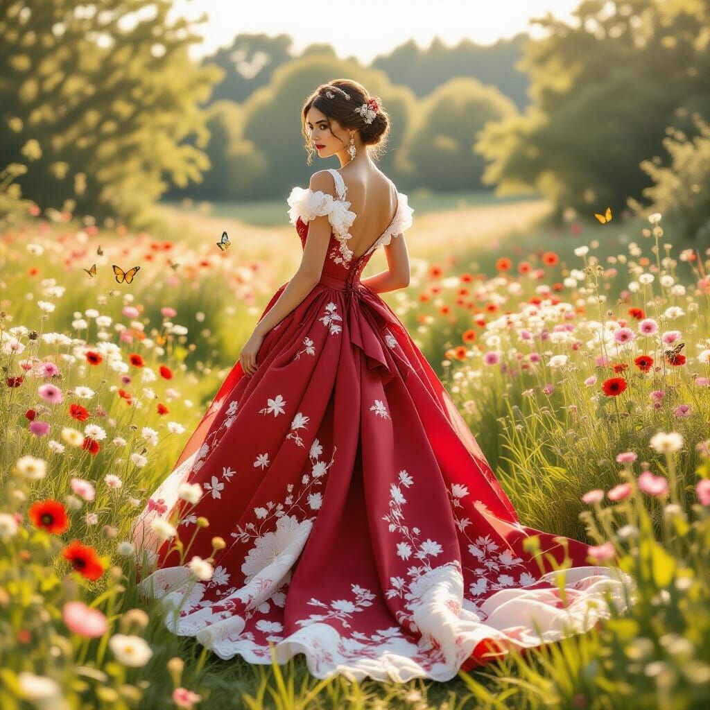 Woman in Floral Gown in Sunlit Meadow