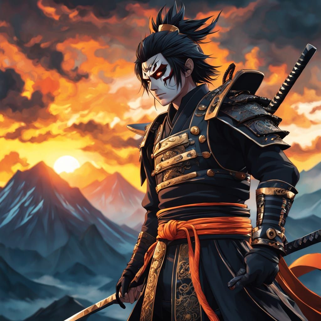 Epic Anime Villain Stands Tall on Mountain Peak at Sunset