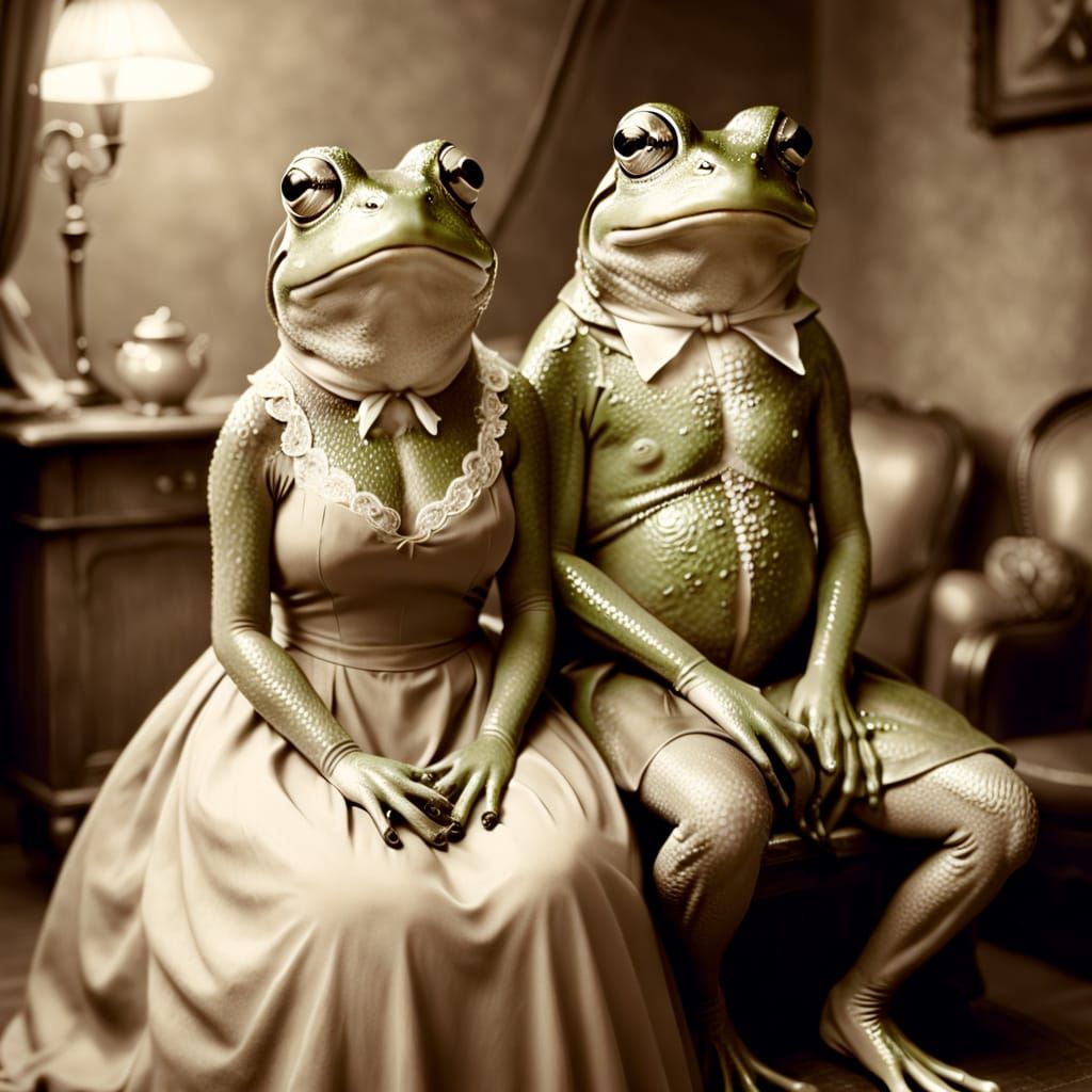 Antique Sepia Photo of Mr. and Mrs. Frog