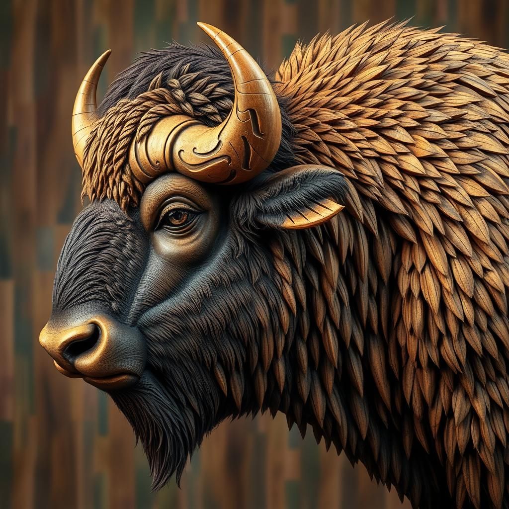 Hyperrealistic Wooden Buffalo Portrait with Fine Detail