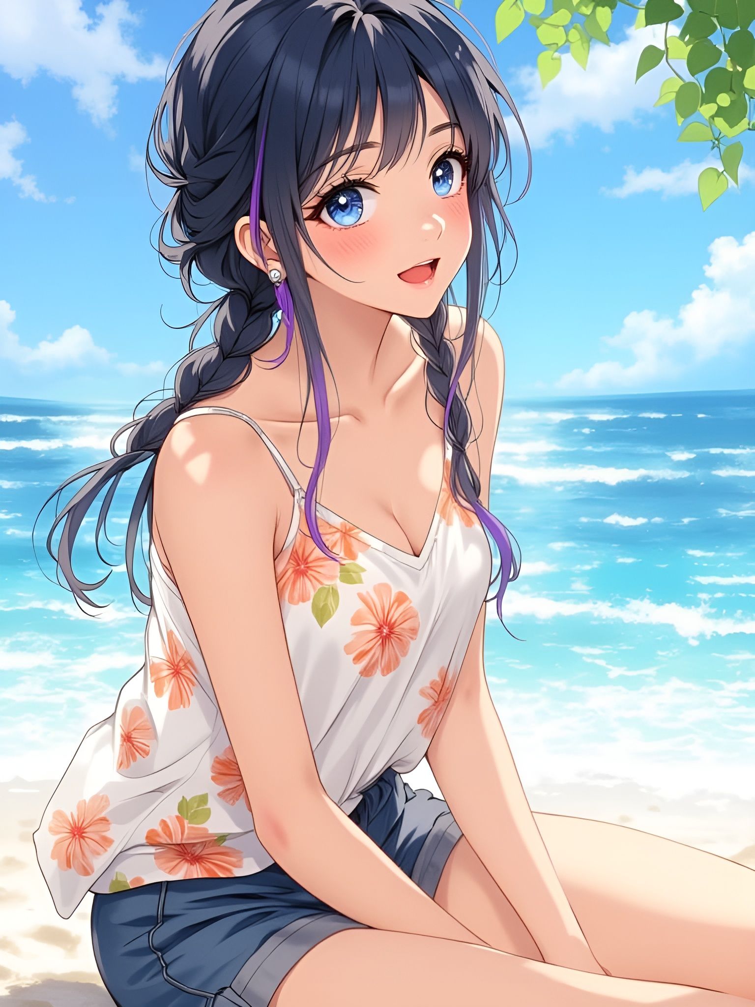 Laughing Anime Woman on Beach in Josei Manga Style