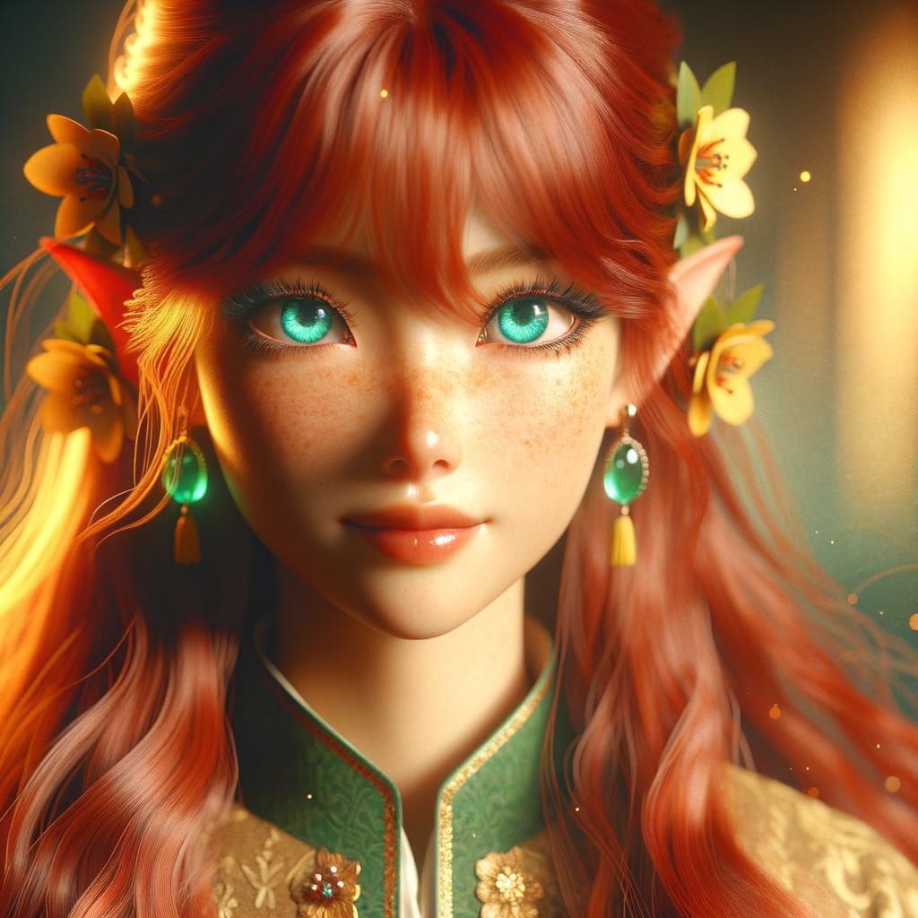 Ethereal Wood Elf Maiden in Vibrant Red Hair and Turquoise E...