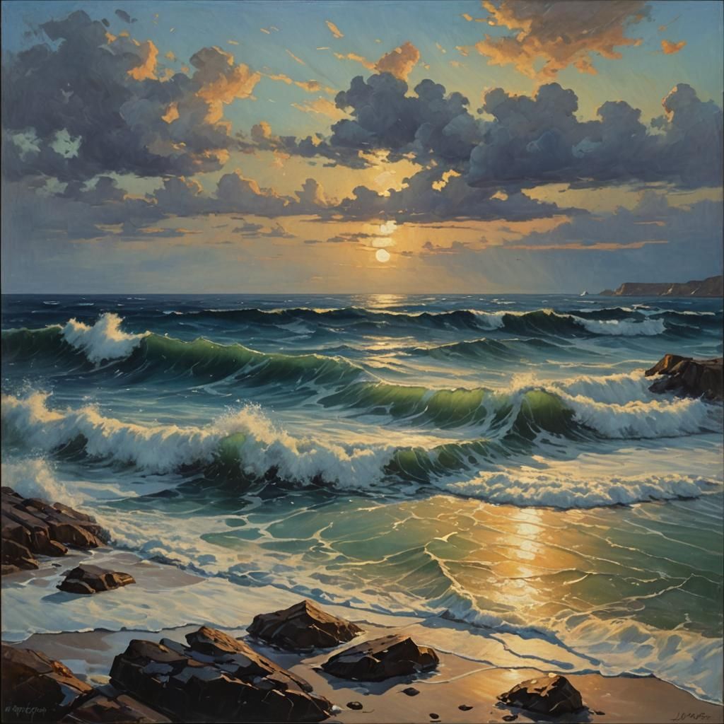 Tranquil Summer Ocean Night Painting