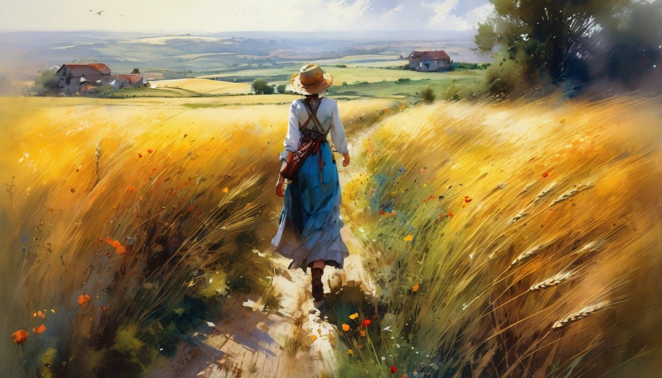 Beautiful Watercolor Painting of Wheat Fields and a Young Wo...