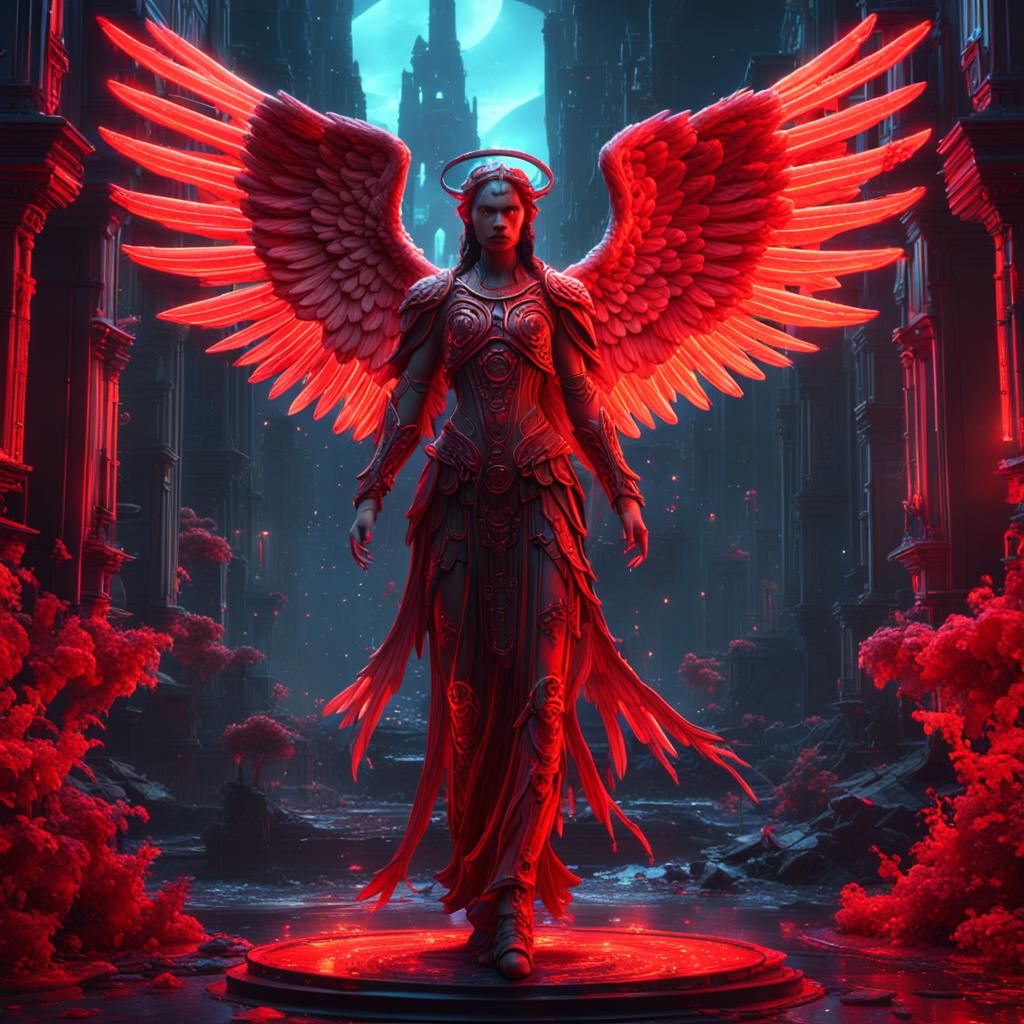 Neon Red Angel in Detailed Matte Painting Style