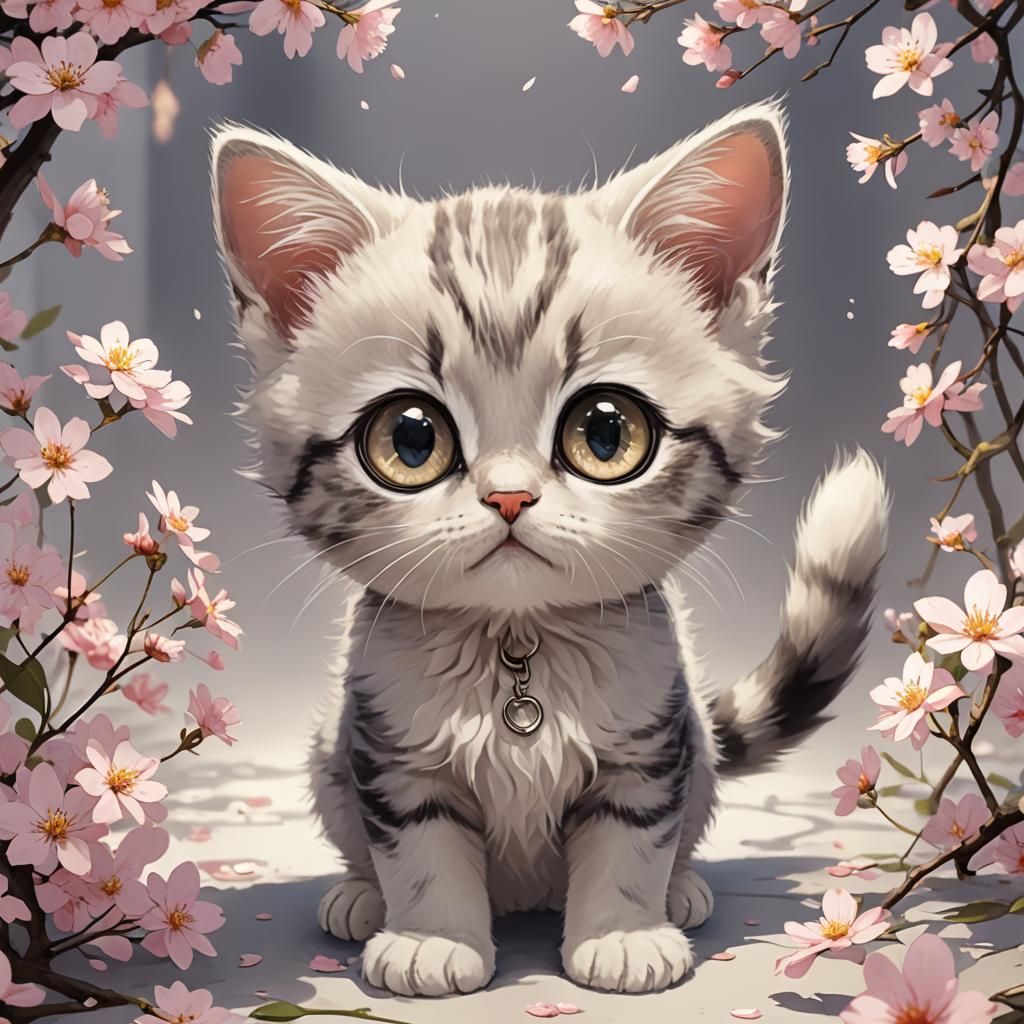 Cute Kitten with Big Eyes in Anime Style