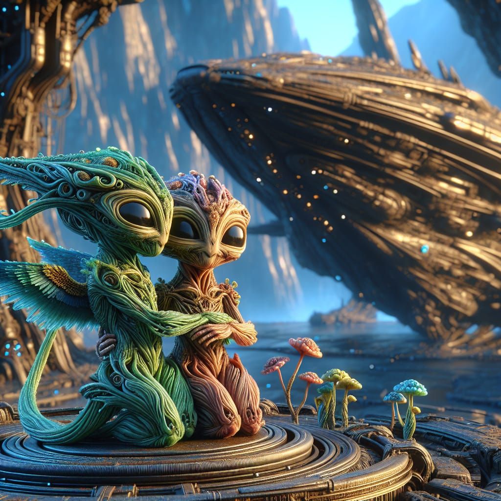 Hyperrealistic Aliens Hugging on Alien Planet