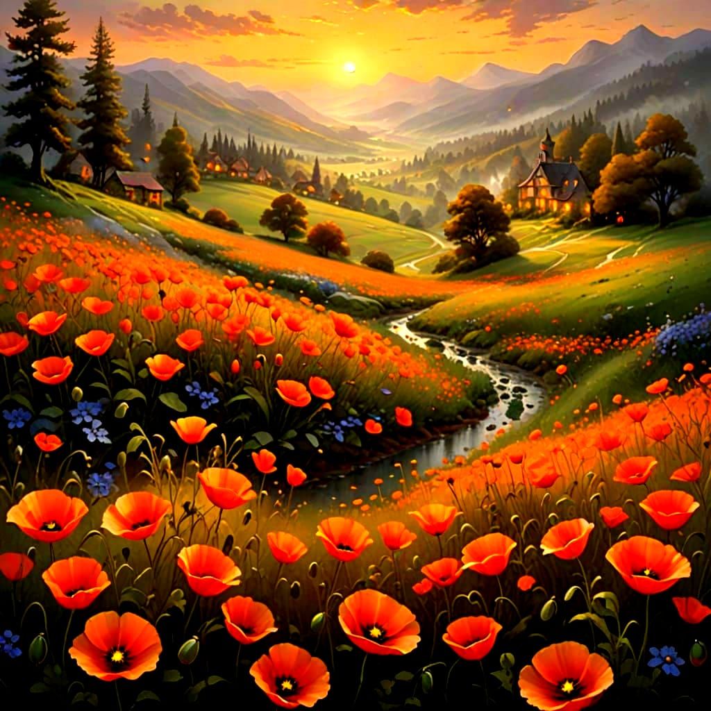 Orange Poppies in a Fantastical Landscape