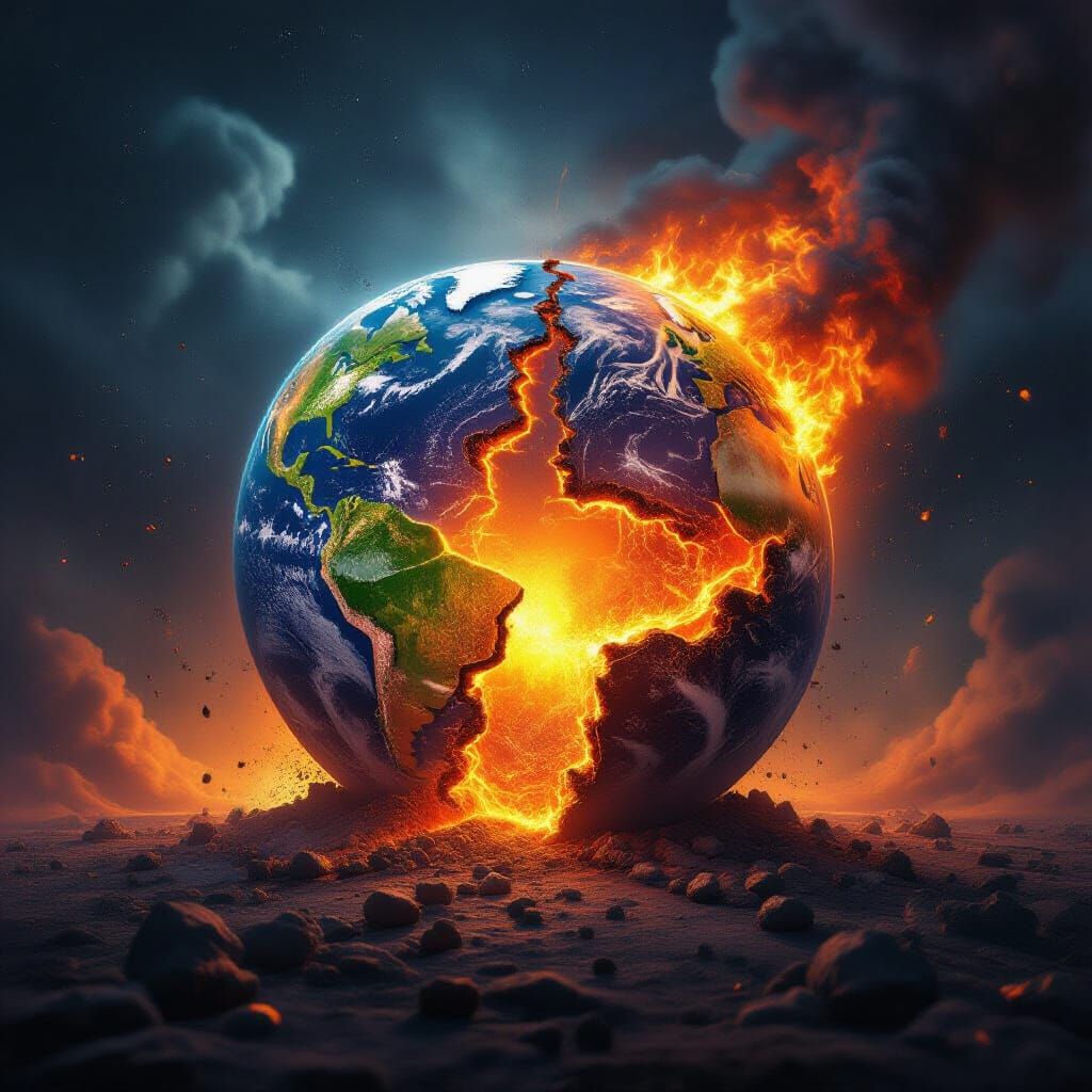 Earth Halved, Molten Core Exposed, Crumbling Into Space