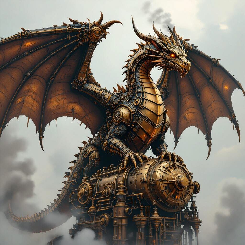 Colossal Steampunk Dragon with Gears and Steam